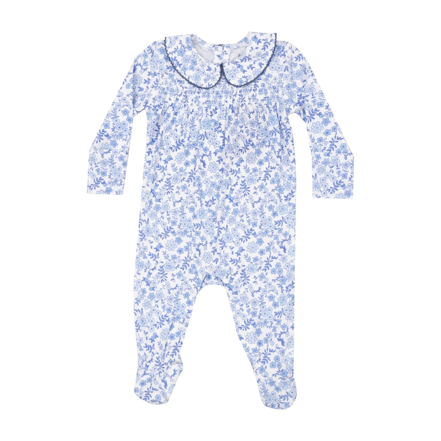 Angel Dear Blue Calico Floral SMOCKED PETER PAN FOOTIE