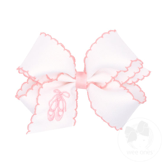 Wee Ones Medium Grosgrain Hair Bow with Pink Moonstitch Edge and Ballet Slippers Embroidery