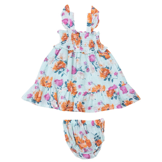 Angel Dear SOFT PETALS FLORAL SMOCKED RUFFLE SUNDRESS & DIAPER COVER