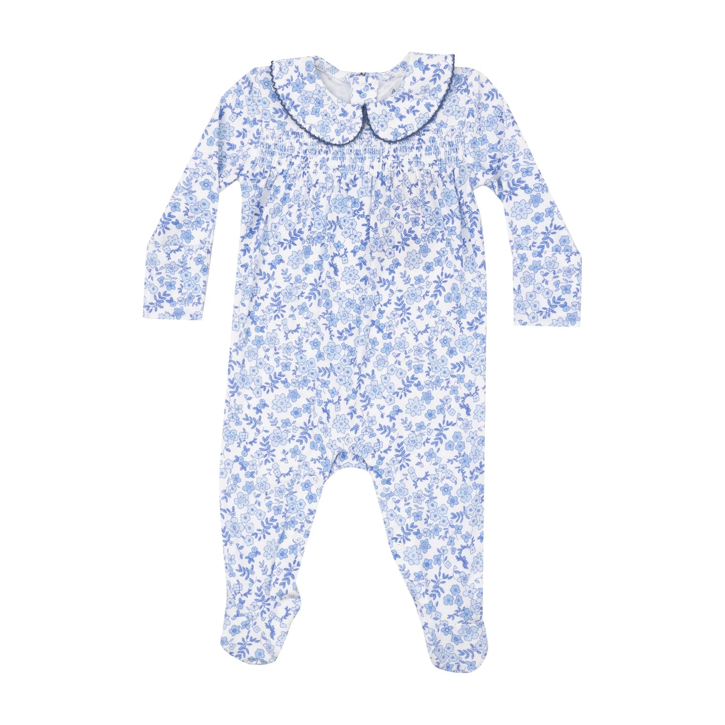 Angel Dear Blue Calico Floral SMOCKED PETER PAN FOOTIE